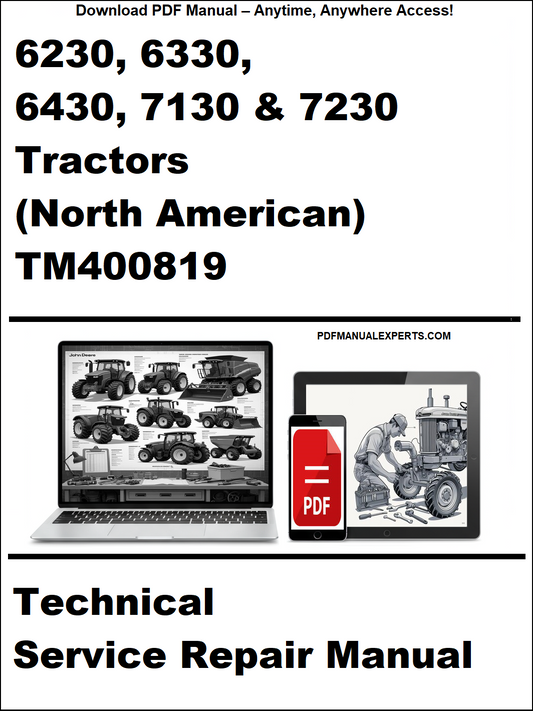 Technical service repair manual for John Deere tractors with a laptop and toolbox graphic on a white background.