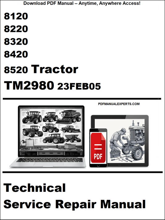 Technical service repair manual for John Deere tractors with laptop and tractor images on a white background.