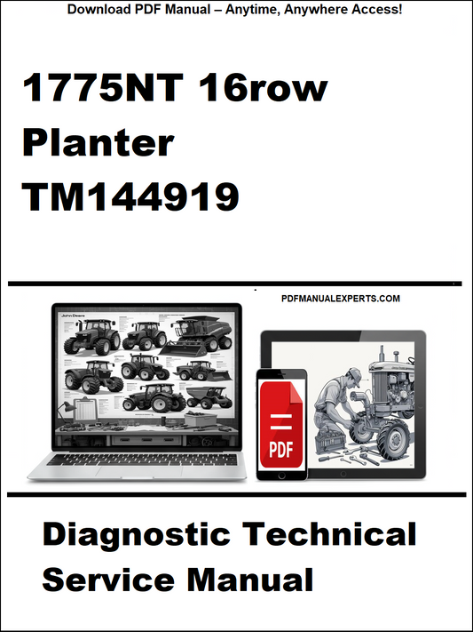 Cover of a diagnostic technical service manual for a 1775NT 16-row planter, featuring a laptop and tablet with images of tractors.
