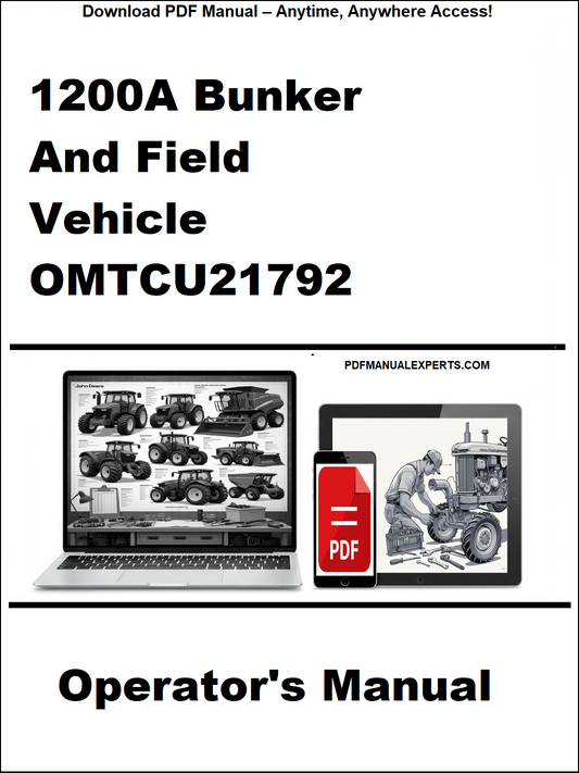 Operator's manual for 1200A Bunker and Field Vehicle OMTCU21792 on a white background with laptop and truck images.