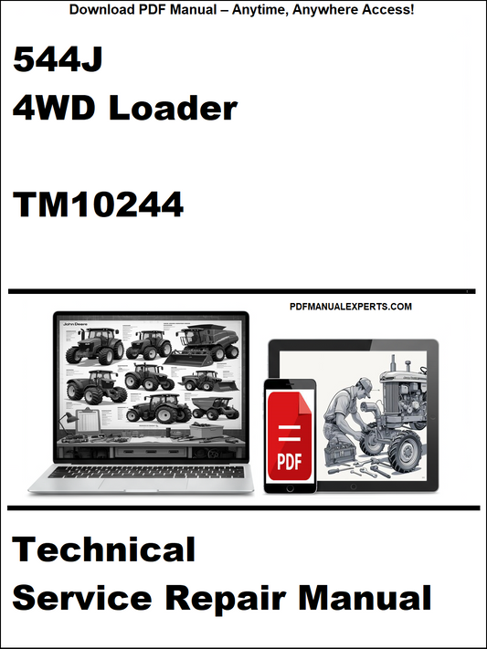 Technical service repair manual for 544J 4WD Loader with laptop and toolbox graphic on a white background.