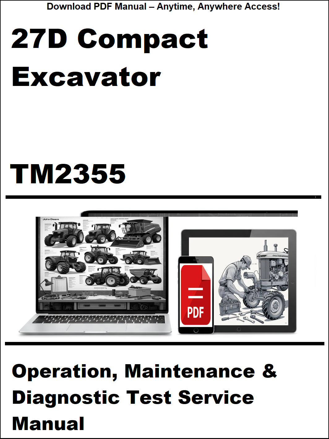 Manual cover for 27D Compact Excavator TM2355 with images of a laptop and manual on a white background.