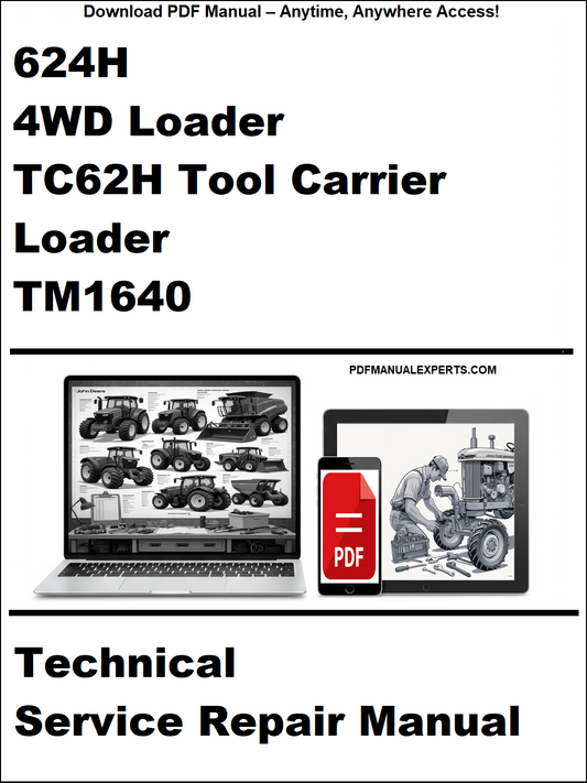 Technical service repair manual for 624H 4WD Loader, TC62H Tool Carrier Loader, and TM1640 on a white background.