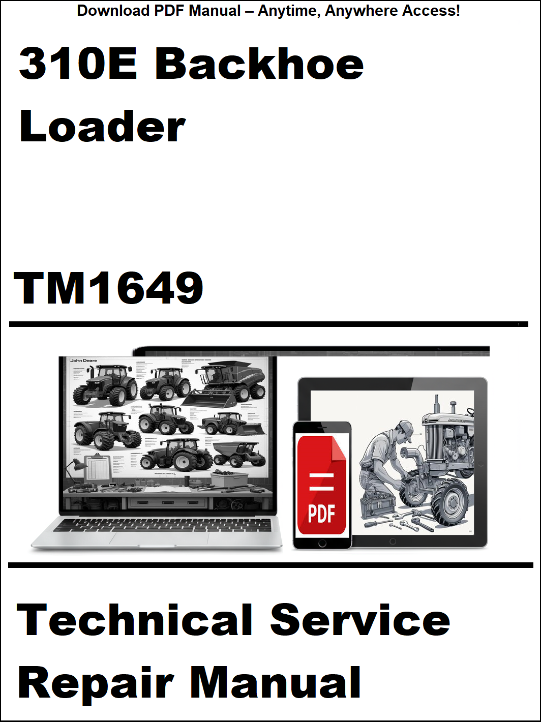 Technical service repair manual for 310E Backhoe Loader with digital device and laptop illustration on a white background.