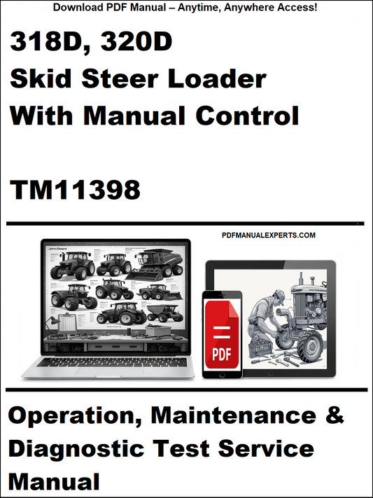 Cover of a manual for 318D, 320D skid steer loader with manual control TM11398, featuring images of a laptop and smartphone.