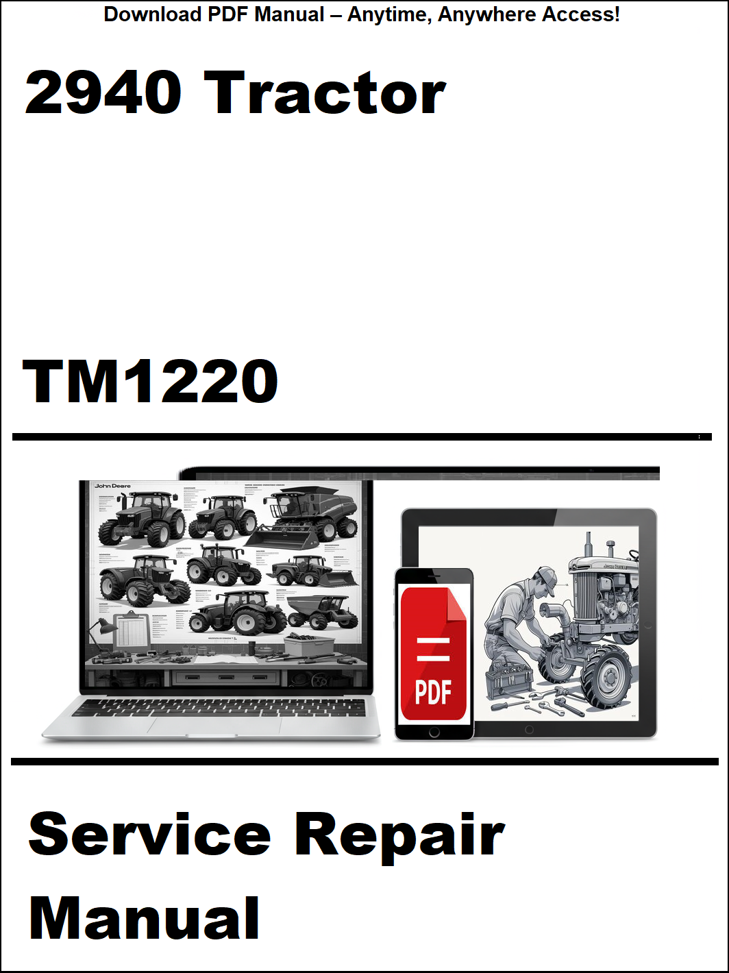 Service repair manual for 2940 tractor with laptop and smartphone icons on a white background