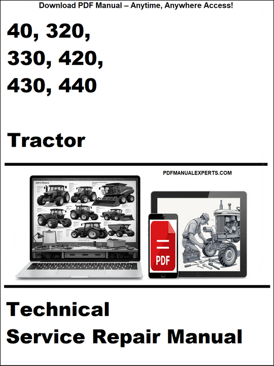 Technical service repair manual for tractors with a laptop and tractor illustration on a white background.