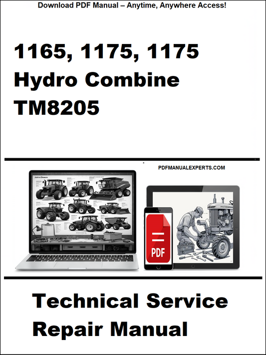 Technical service repair manual for 1165, 1175, 1175 Hydro Combine TM8205 on a white background.