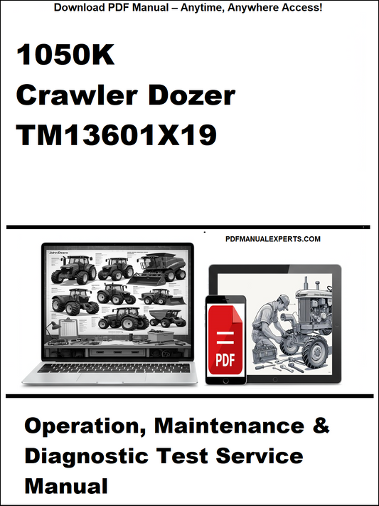 Manual cover for 1050K Crawler Dozer TM13601X19 with laptop and toolbox graphics.