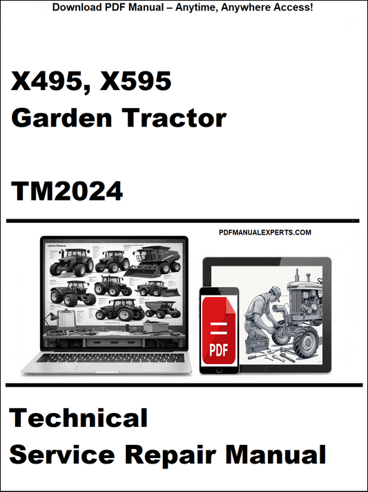 Technical service repair manual for X495, X595 Garden Tractor TM2024 on a white background