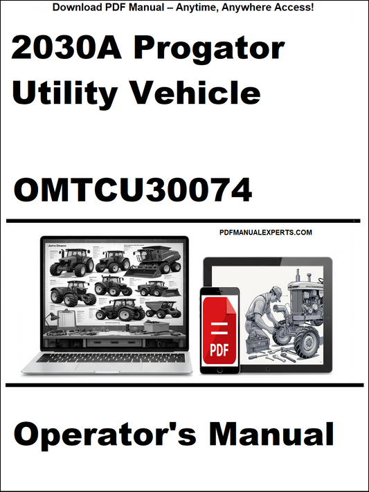 Operator's manual for 2030A Progator Utility Vehicle with digital device and laptop illustration on a white background.