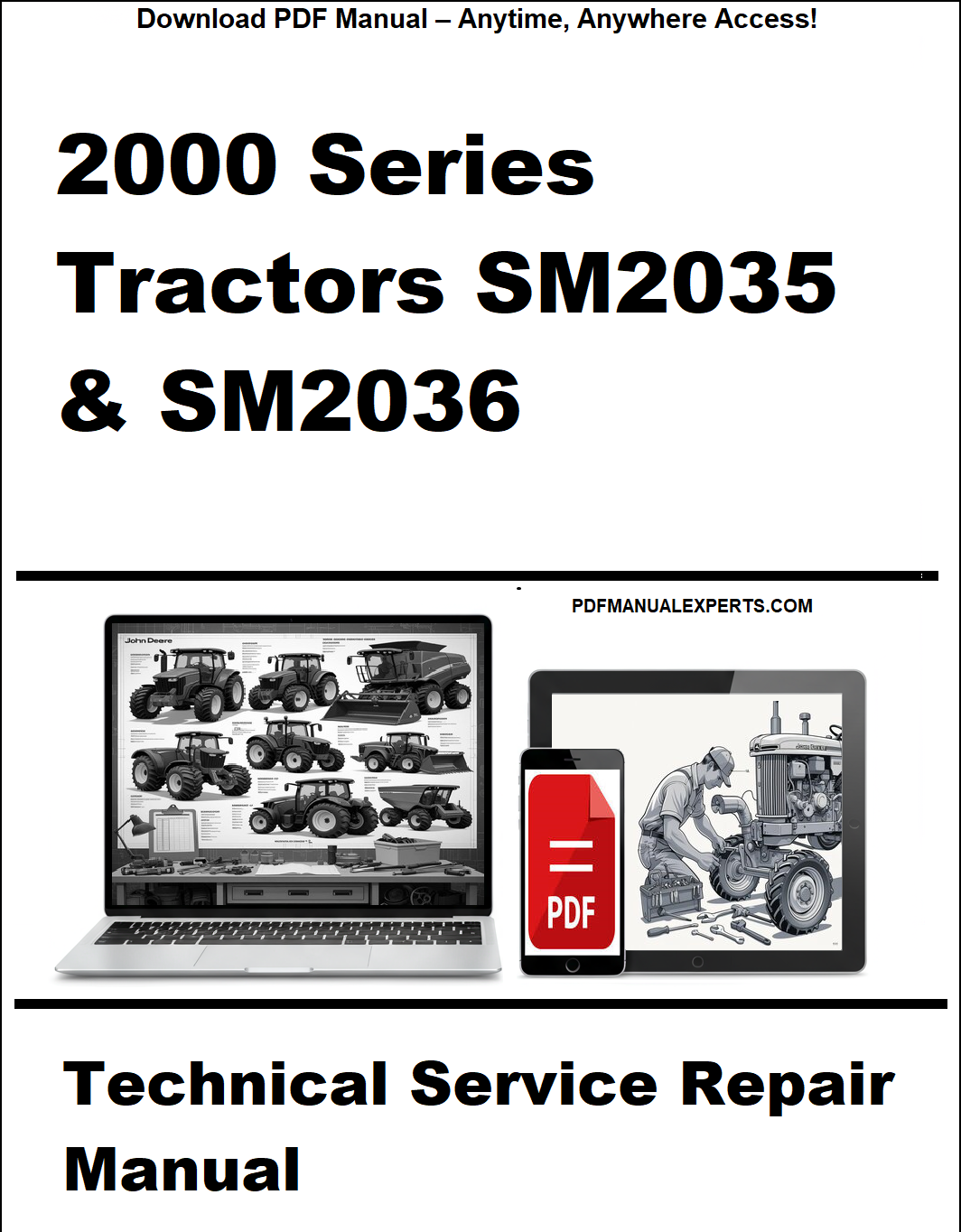 Cover of a technical service repair manual for 2000 Series Tractors SM2035 & SM2036, featuring images of a tractor and a computer screen with a PDF icon.