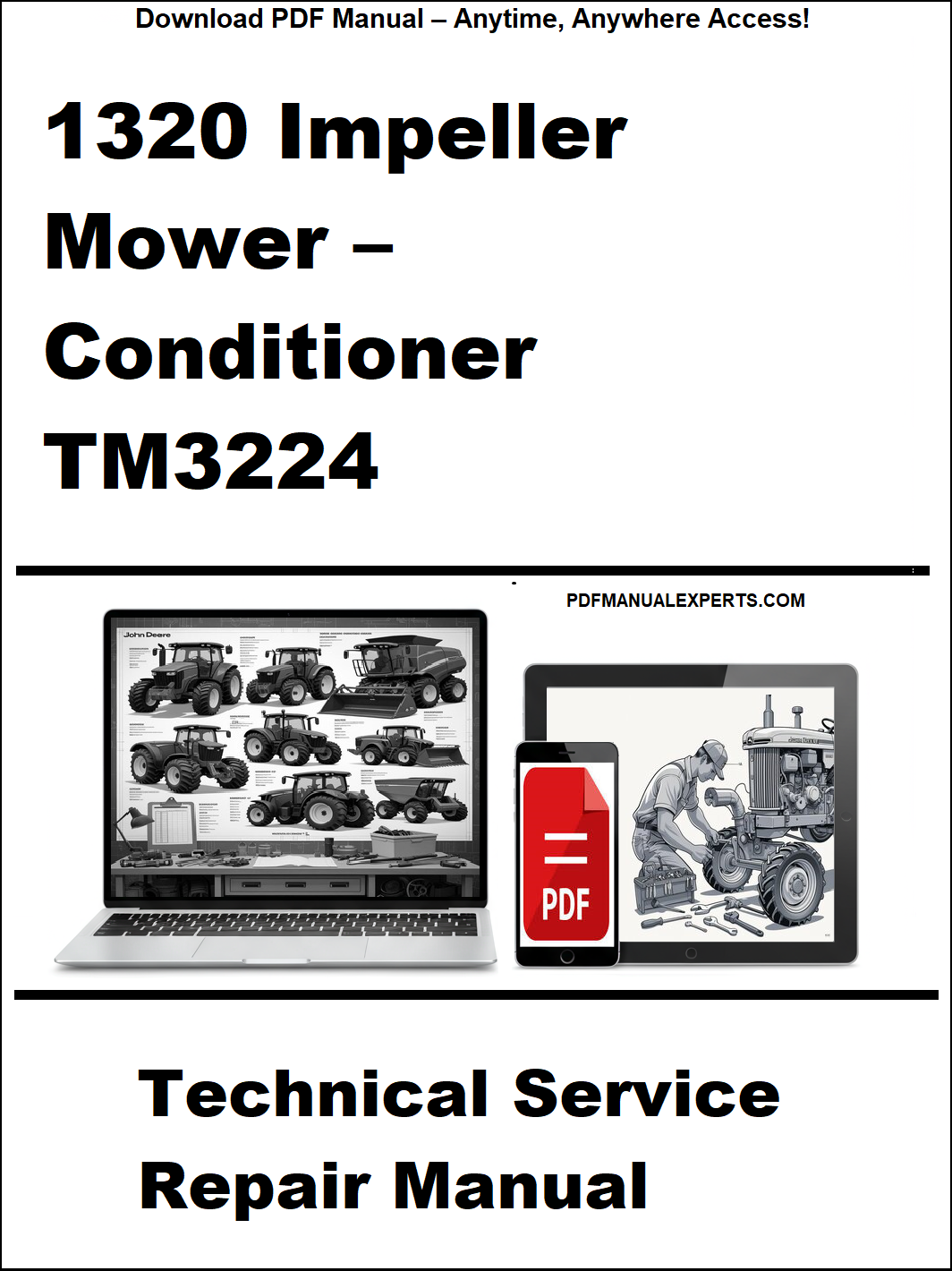 Cover of a technical service repair manual for a 1320 Impeller Mower Conditioner TM3224, featuring images of a laptop and repair manual on a white background.