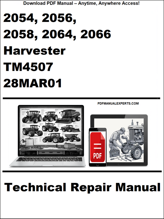 Advertisement for technical repair manual of Harvester TM4507 with laptop and toolbox graphics.