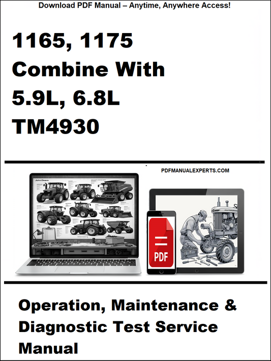 Manual cover for John Deere 1165, 1175 combines with 5.9L, 6.8L engines, featuring a laptop and tractor illustration.