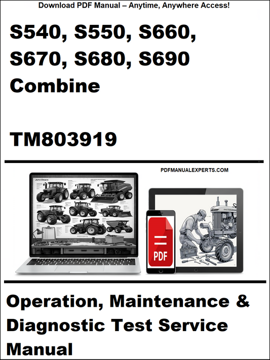Manual cover for John Deere combine tractors with laptop and toolbox graphics.