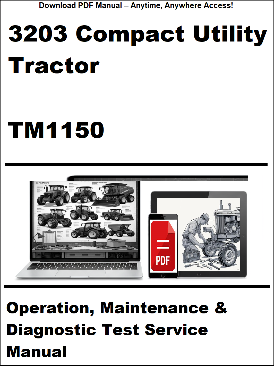 Manual cover for 3203 Compact Utility Tractor TM1150 with images of a tractor and diagnostic tools on a white background.