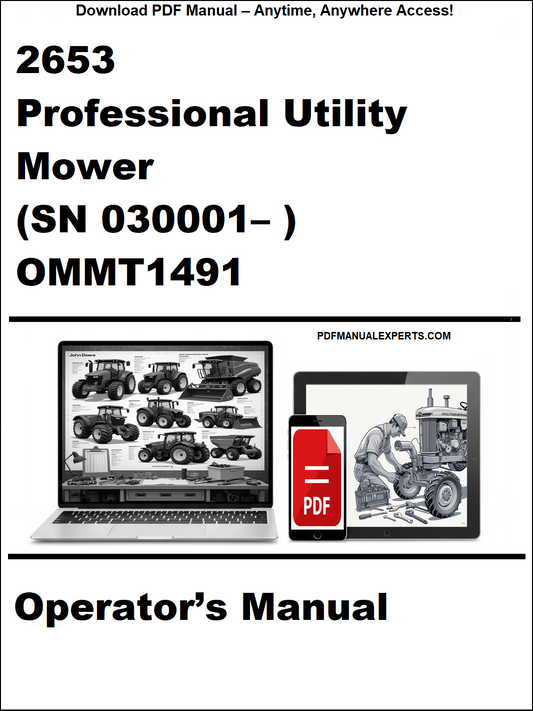 Cover of a professional utility mower operator's manual with laptop and smartphone icons.