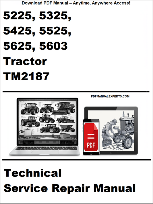 Technical service repair manual for John Deere tractors with a laptop and toolbox graphic on a white background.