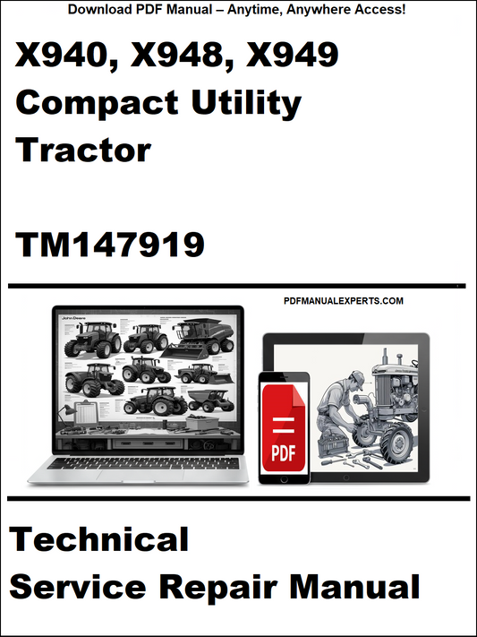 Technical service repair manual for X940, X948, X949 compact utility tractor on a white background.