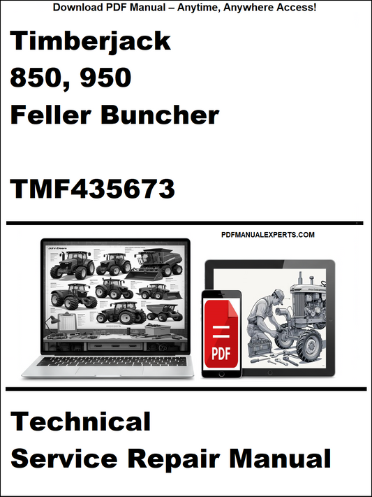 Advertisement for Timberjack 850, 950 Feller Buncher TMF435673 technical service repair manual on a white background.