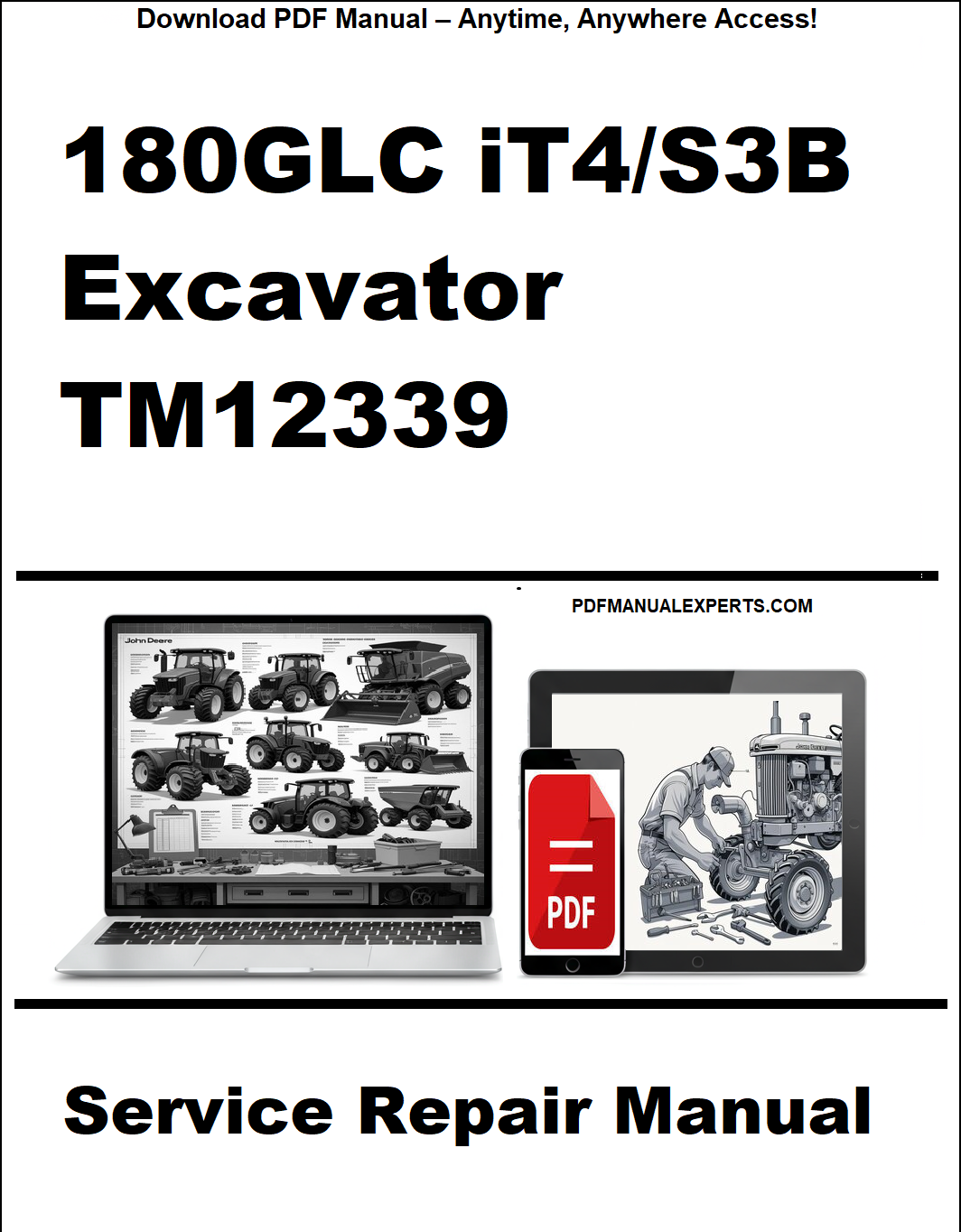Service repair manual for 180GLC iT4/S3B excavator with PDF icon and text on a white background