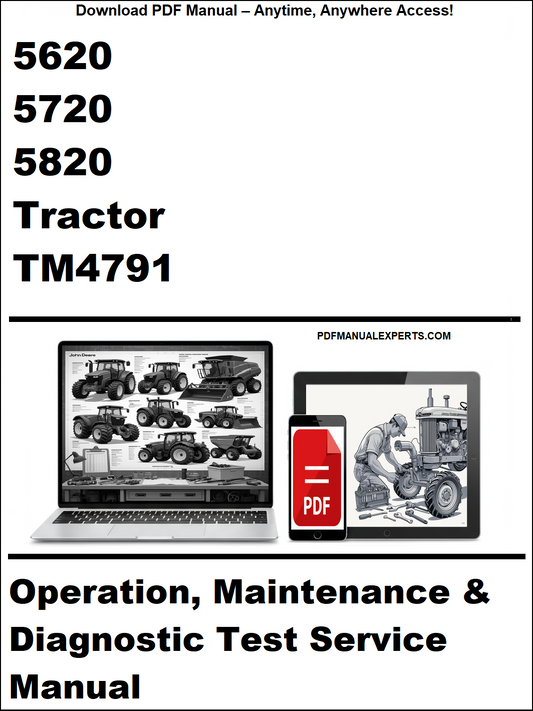 Advertisement for a tractor manual with laptop and smartphone graphics on a white background