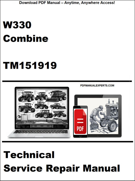 Technical service repair manual for W330 Combine with a laptop and truck illustration on a white background.