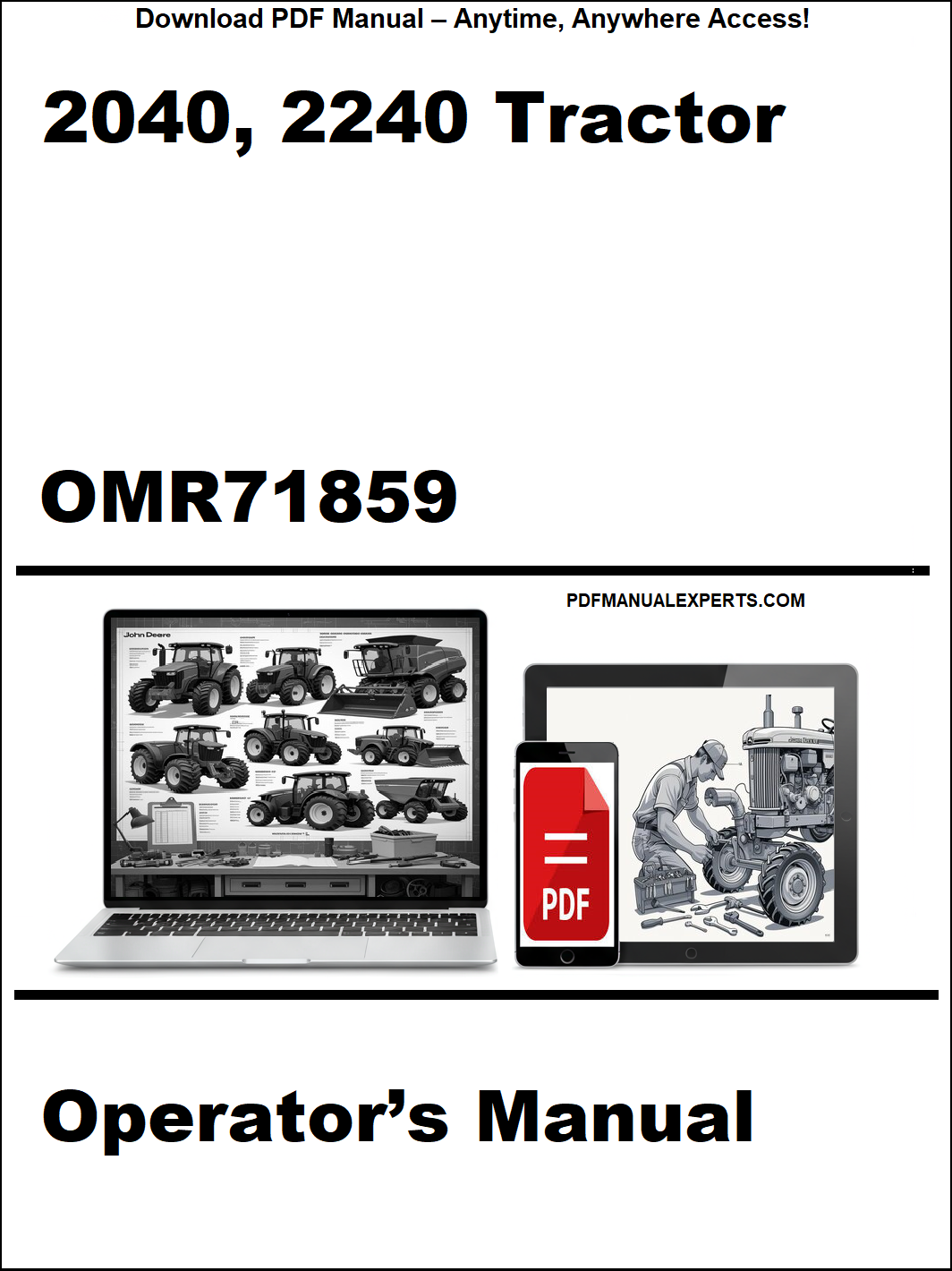 Operator's manual for 2040 and 2240 tractor with PDF icon and laptop illustration on a white background.