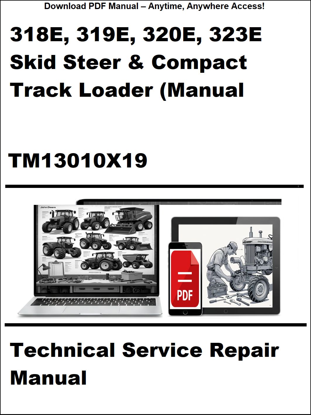 Technical service repair manual for John Deere skid steer and compact track loaders on a white background.