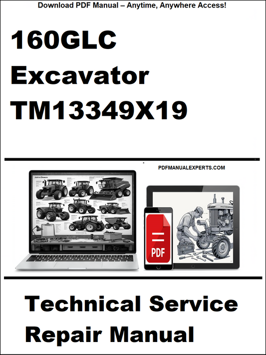 Cover of a technical service repair manual for a 160GLC excavator with a laptop and smartphone icon.