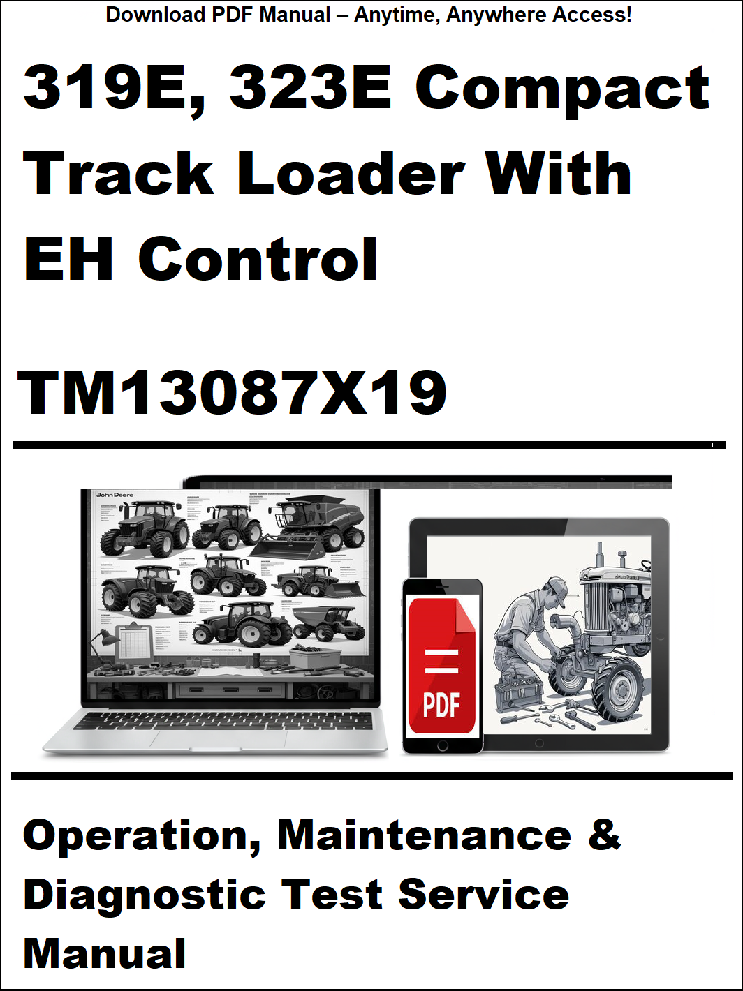 Manual cover for 319E, 323E Compact Track Loader with EH Control, featuring a laptop and smartphone with a document icon.