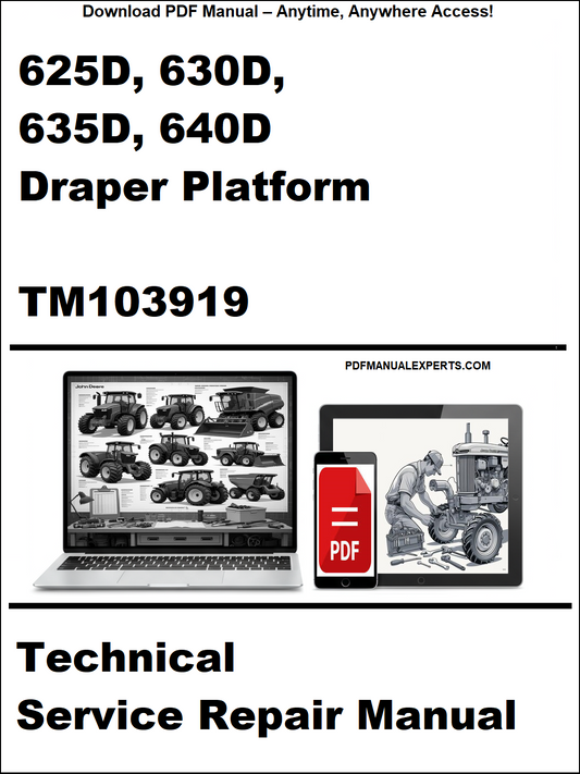Technical service repair manual for John Deere 625D, 630D, 635D, 640D Draper Platform with PDF icon and laptop illustration.