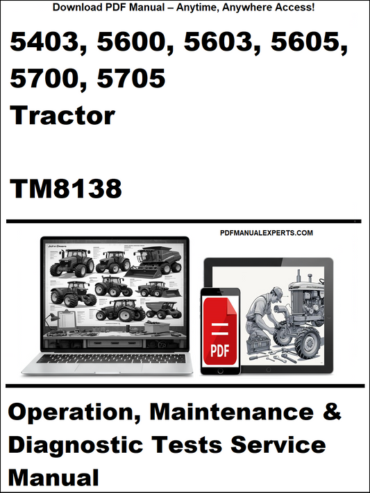 Manual cover for John Deere tractors with laptop and tractor illustrations.