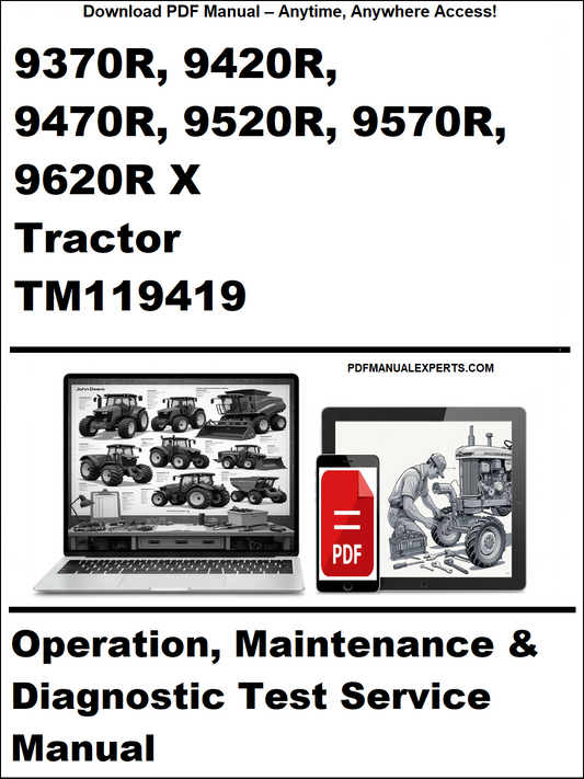 Manual cover for John Deere tractors with laptop and tractor illustrations.