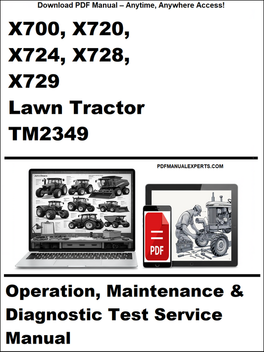 Manual cover for John Deere lawn tractor TM2349 with laptop and toolbox graphics.
