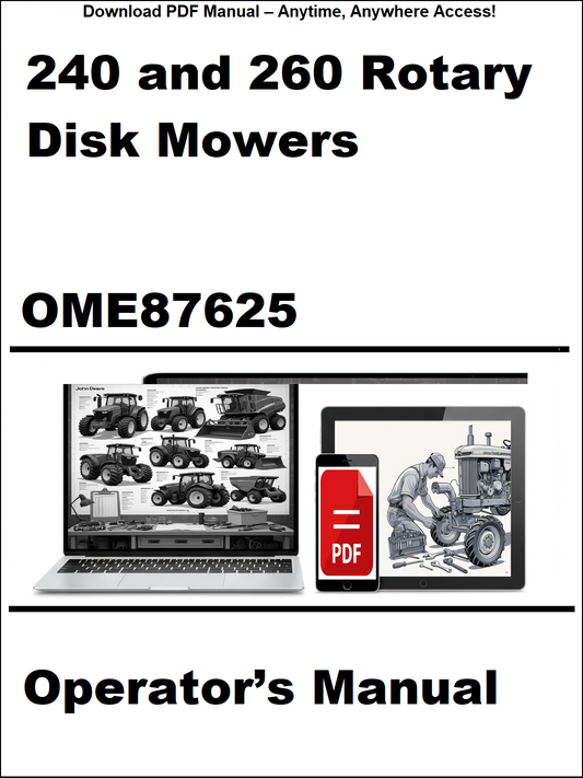 Operator's manual for 240 and 260 Rotary Disk Mowers with a laptop and tractor illustration on a white background.