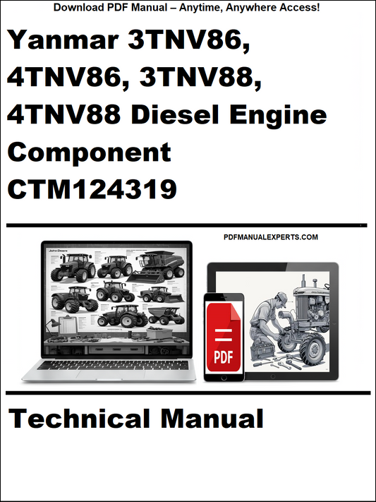Cover of Yanmar 3TNV86, 4TNV86, 3TNV88, 4TNV88 Diesel Engine Component CTM124319 technical manual with laptop and toolbox graphic.