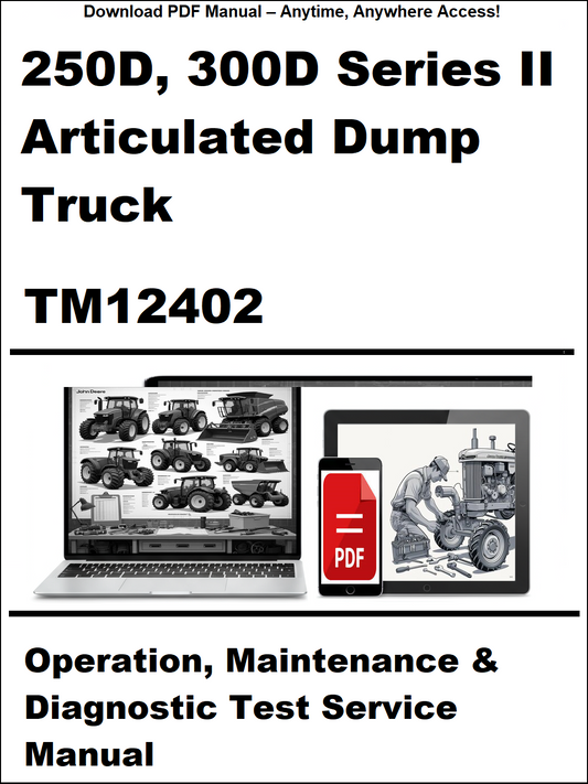 Manual cover for 250D, 300D Series II Articulated Dump Truck TM12402 with images of trucks and a computer screen.