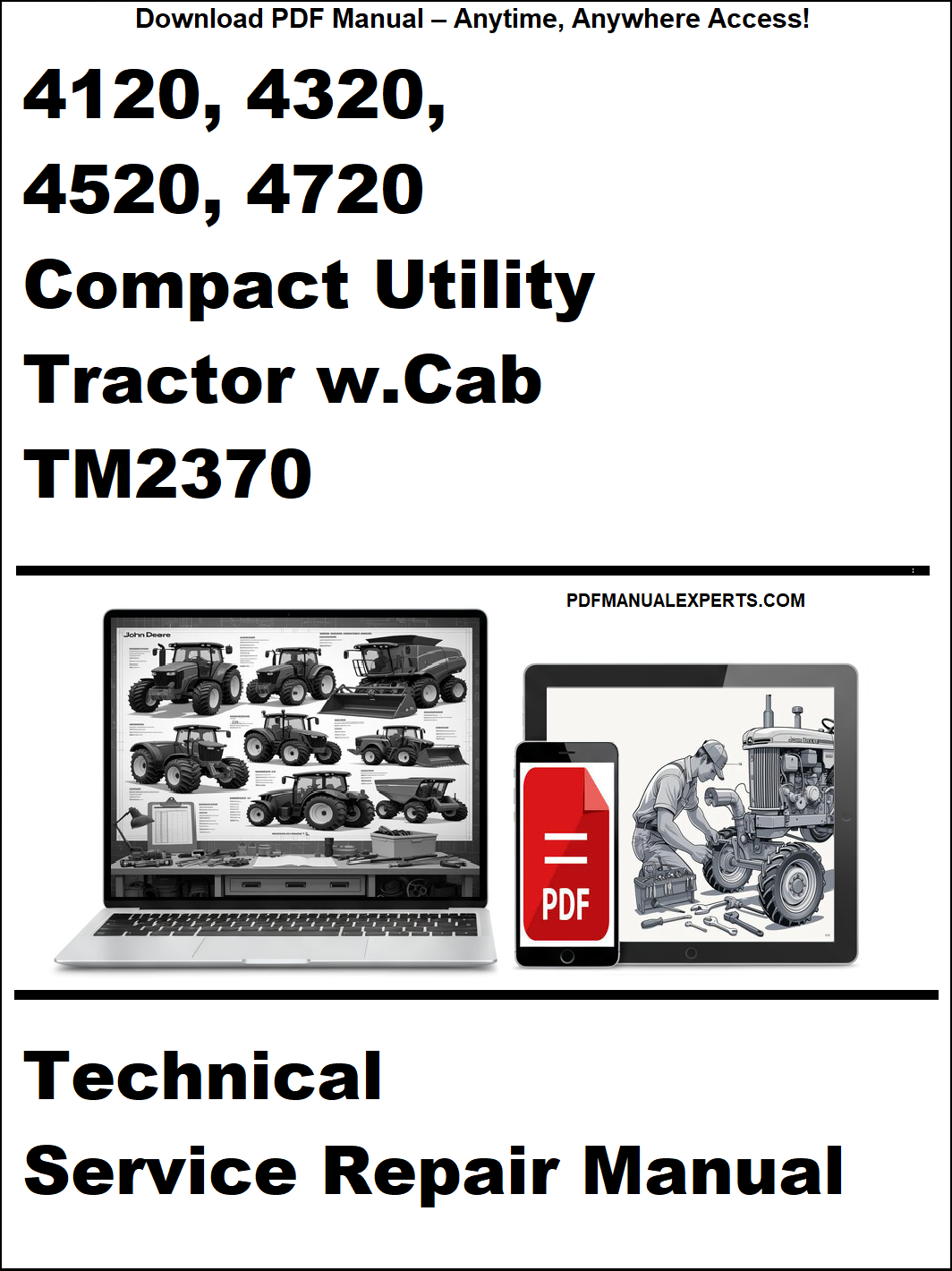 Technical service repair manual for compact utility tractors with cab, featuring a laptop and toolbox graphic.