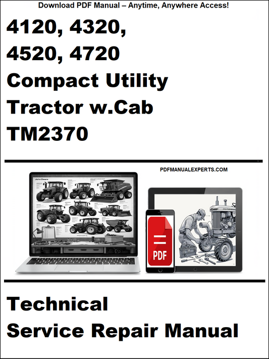 Technical service repair manual for compact utility tractors with cab, featuring a laptop and toolbox graphic.