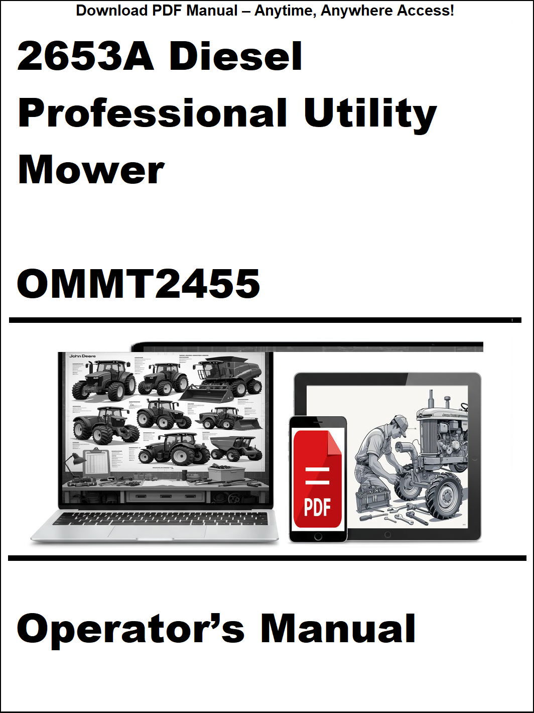 Operator's manual for 2653A Diesel Professional Utility Mower with a laptop and smartphone icon on a white background.
