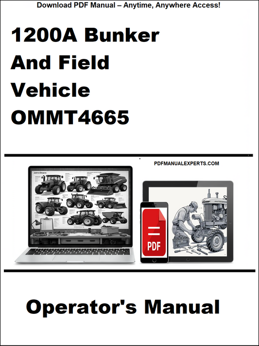 Operator's manual for 1200A Bunker and Field Vehicle OMMT4665 on a white background with laptop and truck images.