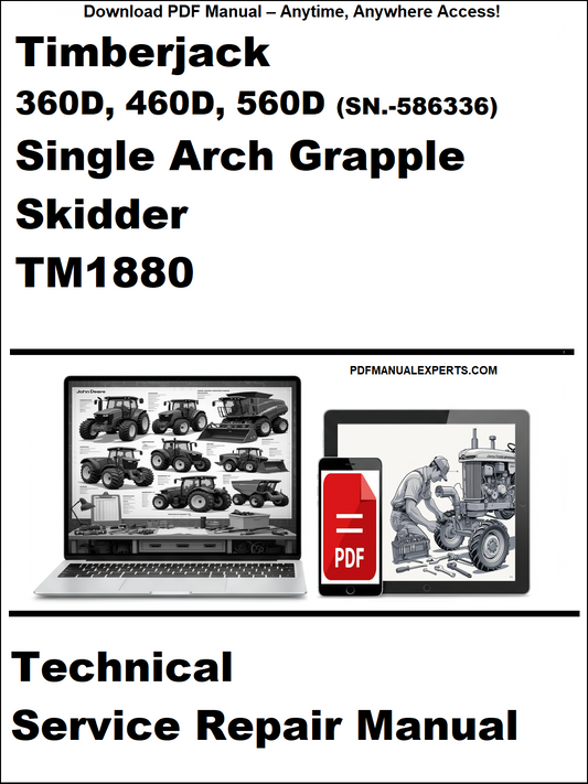 Cover of a technical service repair manual for Timberjack single arch grapple skidder TM1880, featuring images of a laptop and person working on machinery.