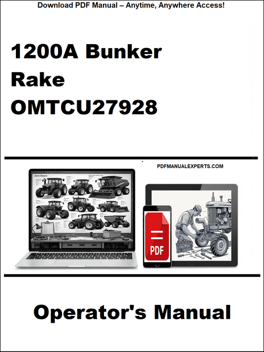 Operator's manual for 1200A Bunker Rake OMTCU27928 on a white background with laptop and smartphone icons.