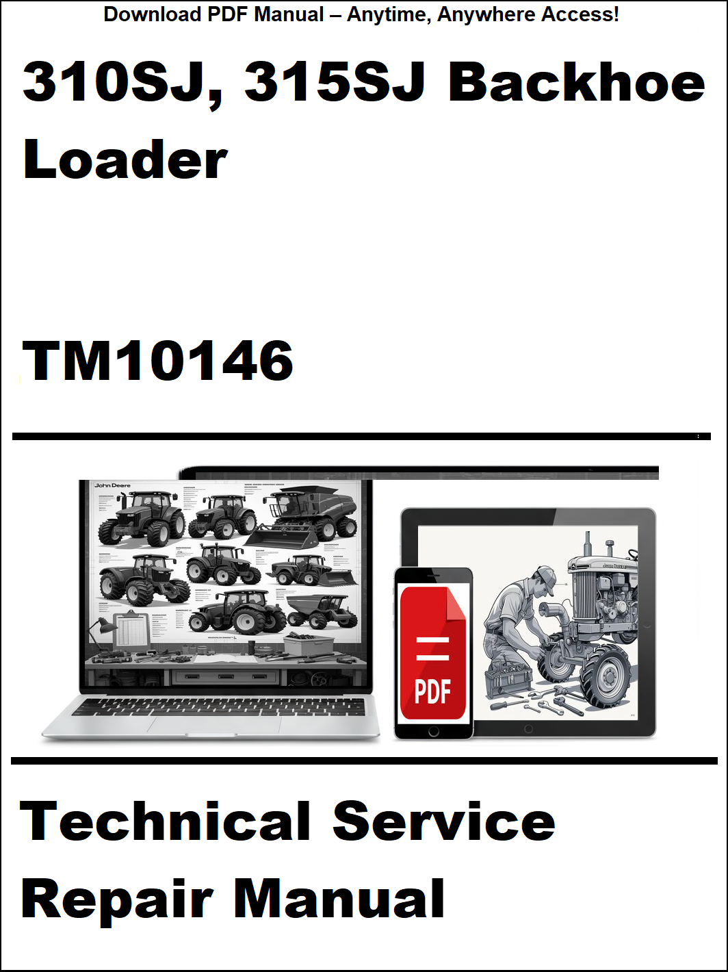 Cover of a technical service repair manual for John Deere 310SJ and 315SJ backhoe loaders, featuring images of a laptop and smartphone with a document icon.