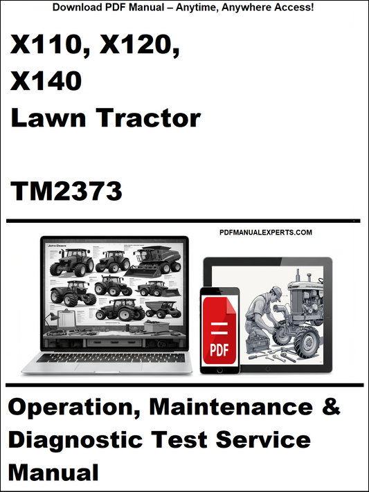 Manual cover for John Deere X110, X120, X140 Lawn Tractor TM2373 with laptop and tractor images.