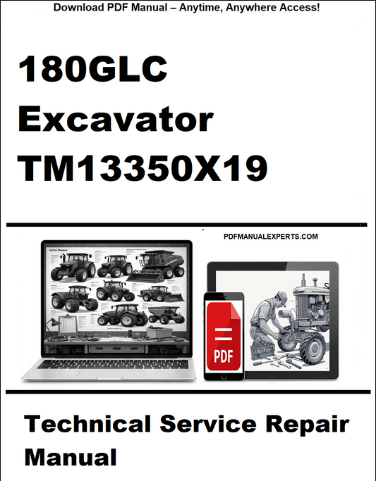 Technical service repair manual for 180GLC excavator with laptop and tablet icons on a white background