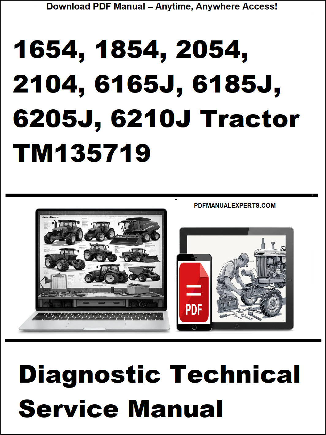 Advertisement for diagnostic technical service manual on a tractor with laptop and toolbox graphics.