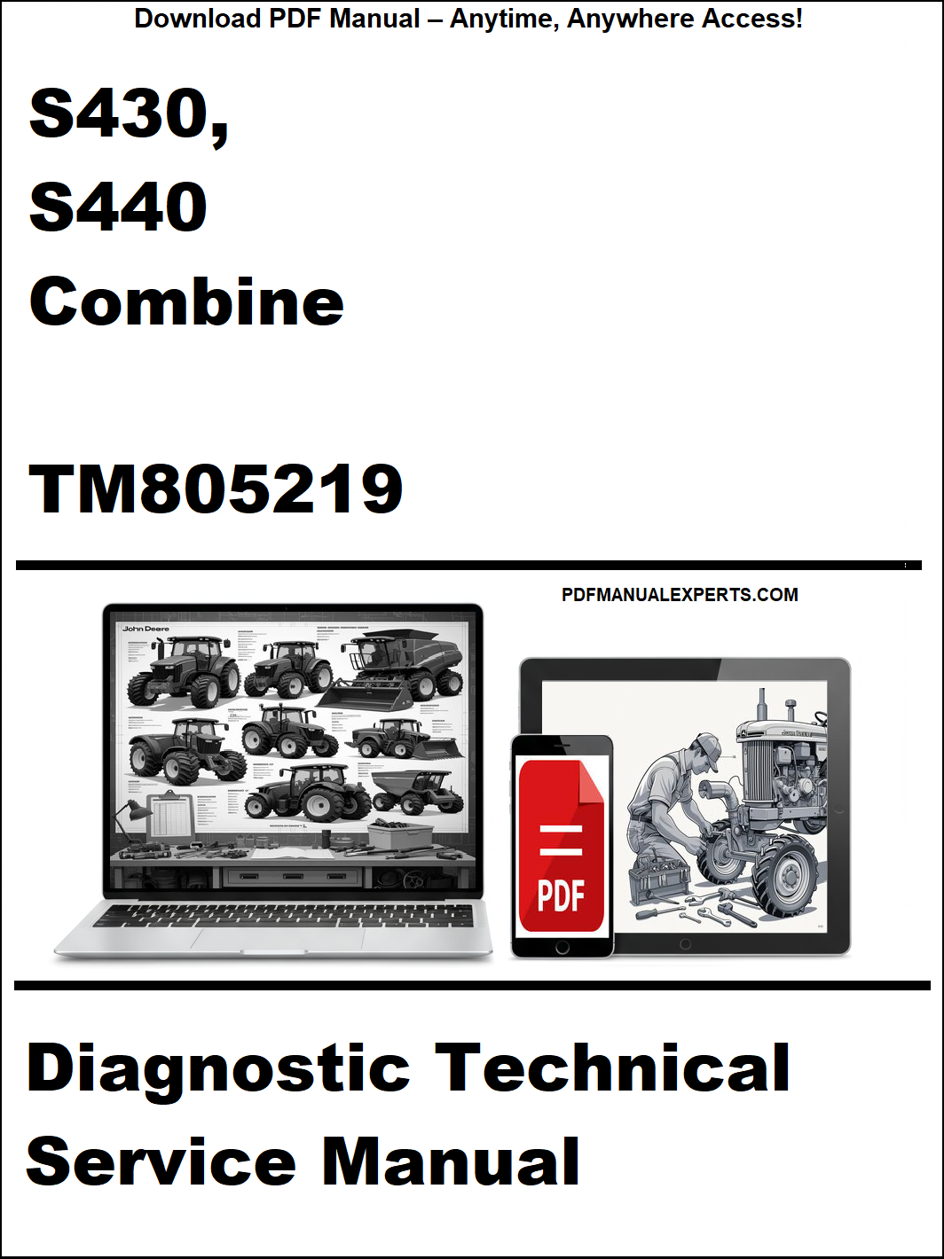 Diagnostic technical service manual for John Deere S430 and S440 combines, featuring a laptop and smartphone with a tractor image.